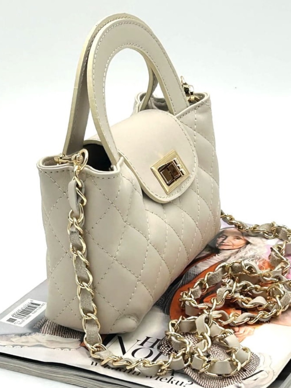 MADE IN ITALY LEATHER Quilted Mini Top-Handle Crossbody Bag in Cream